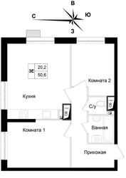 Планировка двухкомнатной(квартира) площадью 50.6 квадратных метров в “ЖК Две столицы”