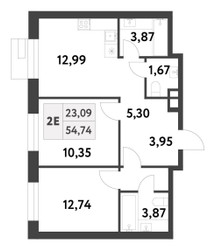 Планировка двухкомнатной(квартира) площадью 54.55 квадратных метров в ЖК “ЖК Smart Garden (Смарт Гарден)”