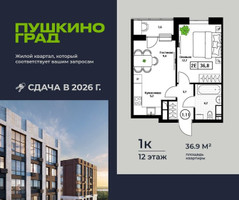 Планировка однокомнатной(квартира) площадью 36.9 квадратных метров в “ЖК Пушкино Град”