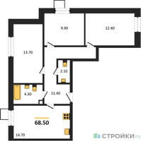 Планировка трехкомнатной(квартира) площадью 68.5 квадратных метров в “ЖК Лесная Отрада”