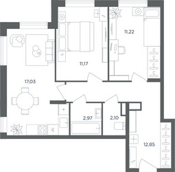 Планировка трехкомнатной(квартира) площадью 57.4 квадратных метров в ЖК “ЖК Равновесие”