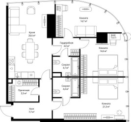 Планировка трехкомнатной(квартира) площадью 102.9 квадратных метров в ЖК “ЖК ОНЕ”