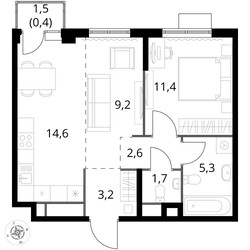 Планировка двухкомнатной(квартира) площадью 54.4 квадратных метров в ЖК “ЖК 1-й Химкинский (Первый Химкинский)”