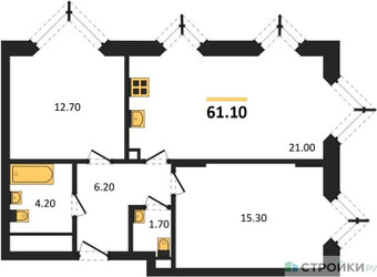 Планировка двухкомнатной(квартира) площадью 61.1 квадратных метров в ЖК “ЖК Вейв”