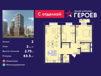 Планировка трехкомнатной(квартира) площадью 63.5 квадратных метров в ЖК “ЖК Героев”