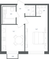 Планировка однокомнатной(квартира) площадью 38.4 квадратных метров в “ЖК Равновесие”