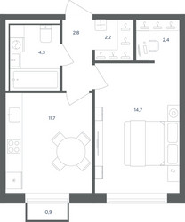 Планировка однокомнатной(квартира) площадью 38.4 квадратных метров в ЖК “ЖК Равновесие”