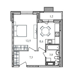 Планировка однокомнатной(квартира) площадью 35 квадратных метров в ЖК “ЖК Квартал Светлый”