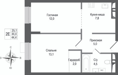 Планировка двухкомнатной(квартира) площадью 44.4 квадратных метров в “ЖК КИНОКВАРТАЛ”