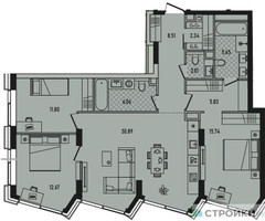 Планировка трехкомнатной(квартира) площадью 103.9 квадратных метров в “ЖК Republic (Репаблик)”