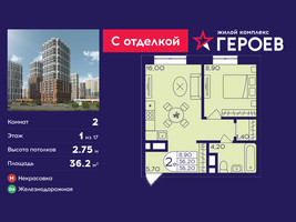 Планировка двухкомнатной(квартира) площадью 36.2 квадратных метров в “ЖК Героев”