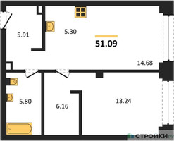 Планировка однокомнатной(квартира) площадью 51.09 квадратных метров в “ЖК NOVA (Нова)”