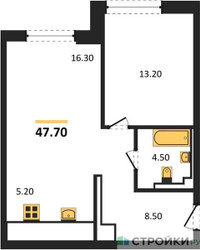 Планировка однокомнатной(квартира) площадью 47.7 квадратных метров в ЖК “ЖК INJOY (Инджой)”
