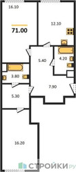 Планировка двухкомнатной(квартира) площадью 71 квадратных метров в ЖК “ЖК Voxhall (Воксхолл)”