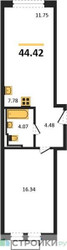 Планировка однокомнатной(квартира) площадью 44.42 квадратных метров в ЖК “ЖК Рублевский Квартал”