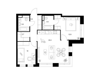 Планировка двухкомнатной(квартира) площадью 60.9 квадратных метров в ЖК “ЖК Строгино 360”
