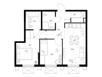 Планировка двухкомнатной(квартира) площадью 49.9 квадратных метров в ЖК “ЖК Москворечье”