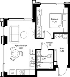 Планировка однокомнатной(квартира) площадью 42.3 квадратных метров в ЖК “Мультиквартал СИТИДЗЕН”
