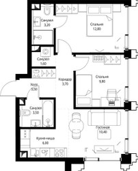 Планировка двухкомнатной(квартира) площадью 54.8 квадратных метров в ЖК “ЖК СЕТ”