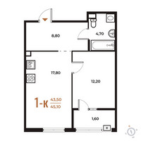 Планировка однокомнатной(квартира) площадью 45.1 квадратных метров в “ЖК Новое Летово”