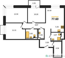 Планировка трехкомнатной(квартира) площадью 77.6 квадратных метров в “ЖК Квартал Герцена”