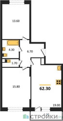 Планировка двухкомнатной(квартира) площадью 62.3 квадратных метров в ЖК “ЖК UP-квартал Скандинавский”