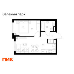 Планировка однокомнатной(квартира) площадью 35.2 квадратных метров в ЖК “ЖК Зеленый парк”