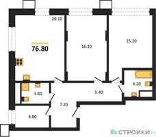 Планировка двухкомнатной(квартира) площадью 76.8 квадратных метров в “ЖК Резиденции Сколково”
