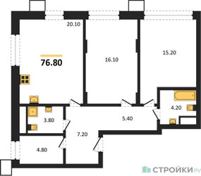 Планировка двухкомнатной(квартира) площадью 76.8 квадратных метров в ЖК “ЖК Резиденции Сколково”