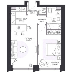 Планировка двухкомнатной(квартира) площадью 54.3 квадратных метров в ЖК “ЖК Hide (Хайд)”
