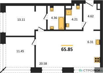 Планировка двухкомнатной(квартира) площадью 65.85 квадратных метров в ЖК “ЖК TATE (Тэйт)”
