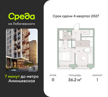 Планировка однокомнатной(квартира) площадью 36.2 квадратных метров в “ЖК Среда на Лобачевского”