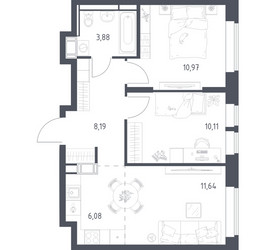 Планировка двухкомнатной(квартира) площадью 50.87 квадратных метров в ЖК “ЖК Большое Путилково”