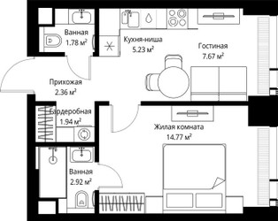 Планировка однокомнатной(квартира) площадью 36.67 квадратных метров в ЖК “ЖК Веер”