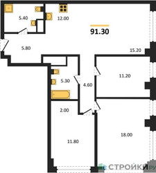 Планировка трехкомнатной(квартира) площадью 91.3 квадратных метров в ЖК “ЖК Very (Вери)”
