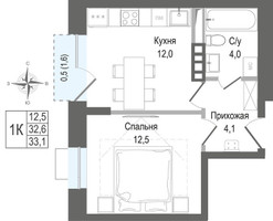 Планировка однокомнатной(квартира) площадью 32.6 квадратных метров в “ЖК КИНОКВАРТАЛ”