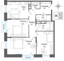 Планировка трехкомнатной(квартира) площадью 74.5 квадратных метров в “ЖК КИНОКВАРТАЛ”