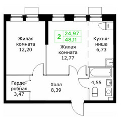 Планировка двухкомнатной(квартира) площадью 48.11 квадратных метров в ЖК “ЖК КИТ 2”