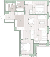 Планировка трехкомнатной(квартира) площадью 72.4 квадратных метров в “ЖК Среда на Кутузовском”