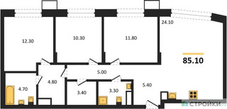 Планировка трехкомнатной(квартира) площадью 85.1 квадратных метров в “ЖК Резиденции Сколково”