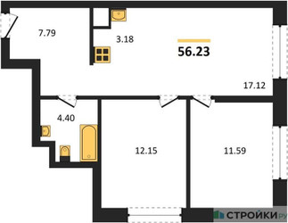 Планировка двухкомнатной(квартира) площадью 56.23 квадратных метров в ЖК “ЖК EvoPark Сокольники”