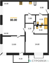Планировка двухкомнатной(квартира) площадью 80 квадратных метров в ЖК “ЖК Дзен-кварталы”