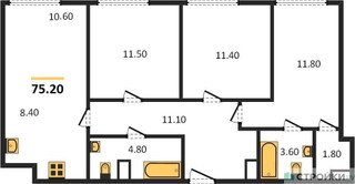 Планировка трехкомнатной(квартира) площадью 75.2 квадратных метров в “ЖК Voxhall (Воксхолл)”