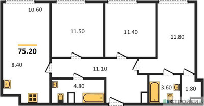 Планировка трехкомнатной(квартира) площадью 75.2 квадратных метров в ЖК “ЖК Voxhall (Воксхолл)”