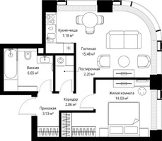 Планировка однокомнатной(квартира) площадью 51.53 квадратных метров в “ЖК Веер”