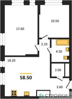 Планировка двухкомнатной(квартира) площадью 58.5 квадратных метров в “ЖК Первый Московский”