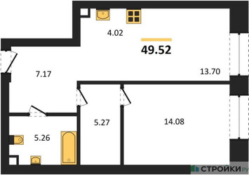 Планировка однокомнатной(квартира) площадью 49.52 квадратных метров в ЖК “ЖК Солос”