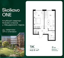 Планировка однокомнатной(квартира) площадью 42.5 квадратных метров в “ЖК Skolkovo ONE (Сколково Уан)”