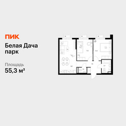 Планировка двухкомнатной(квартира) площадью 55.3 квадратных метров в ЖК “ЖК Белая Дача парк”