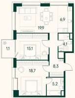 Планировка трехкомнатной(квартира) площадью 79.3 квадратных метров в “ЖК Клубный город на реке Primavera (Примавера)”
